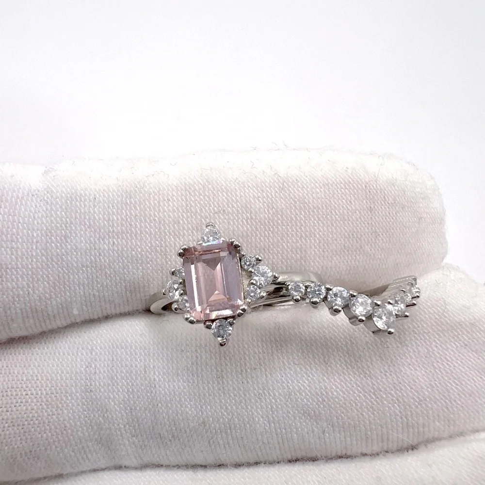 .925 Sterling Silver Light Morganite Cz & Clear Cz 2 PC Ring Set - Picture 14 of 17